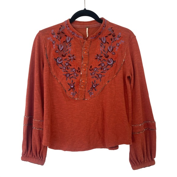 Free People Tops - Free People Sundance Kid Rust Orange Embroidered Floral Boho Long Sleeve Top XS‎